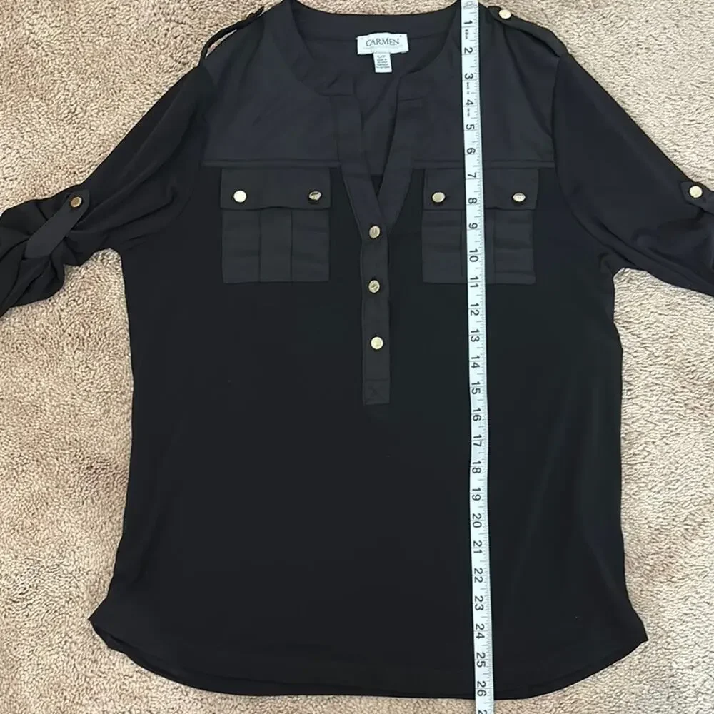 Carmen Marc Valvo Black Button-Down Patch Pocket 3/4 Roll Sleeves Shirt Petite S - Picture 7 of 9